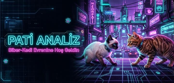 Pati Analiz kedi bakım uygulaması siber evren arka planı